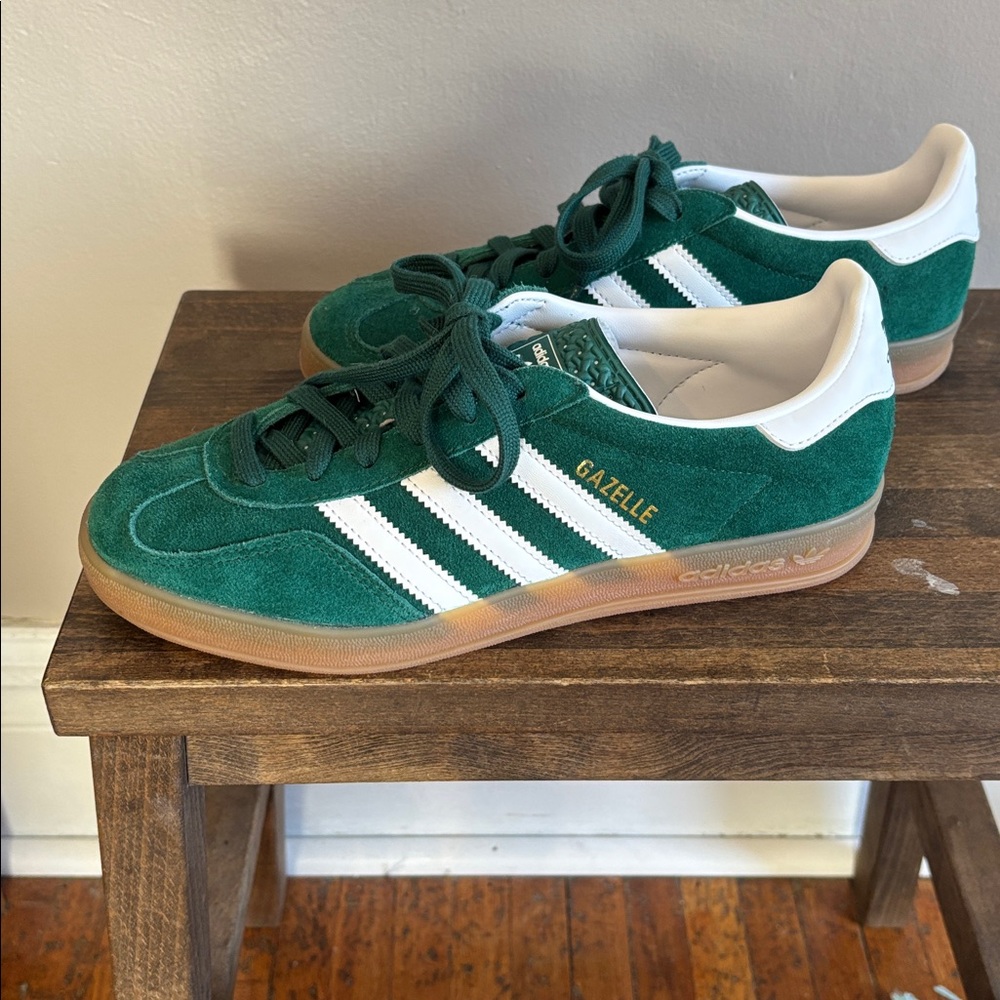 adidas Green Suede Gazelle Indoor Sneakers with White Stripes - Picture 3 of 10